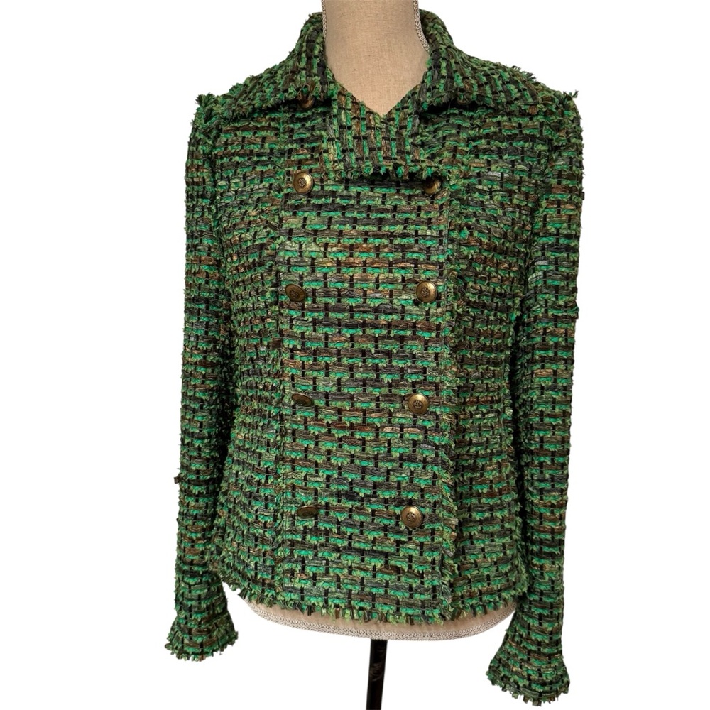 PER SE JACKET BLAZER GREEN BLACK RIBBONS DOUBLE BREASTED SIZE 8
